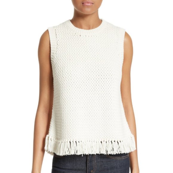 Theory Meenara Crosshatched Knit Tank Sweater Fringe Tassel Boho Bohemian Woven - Picture 1 of 15